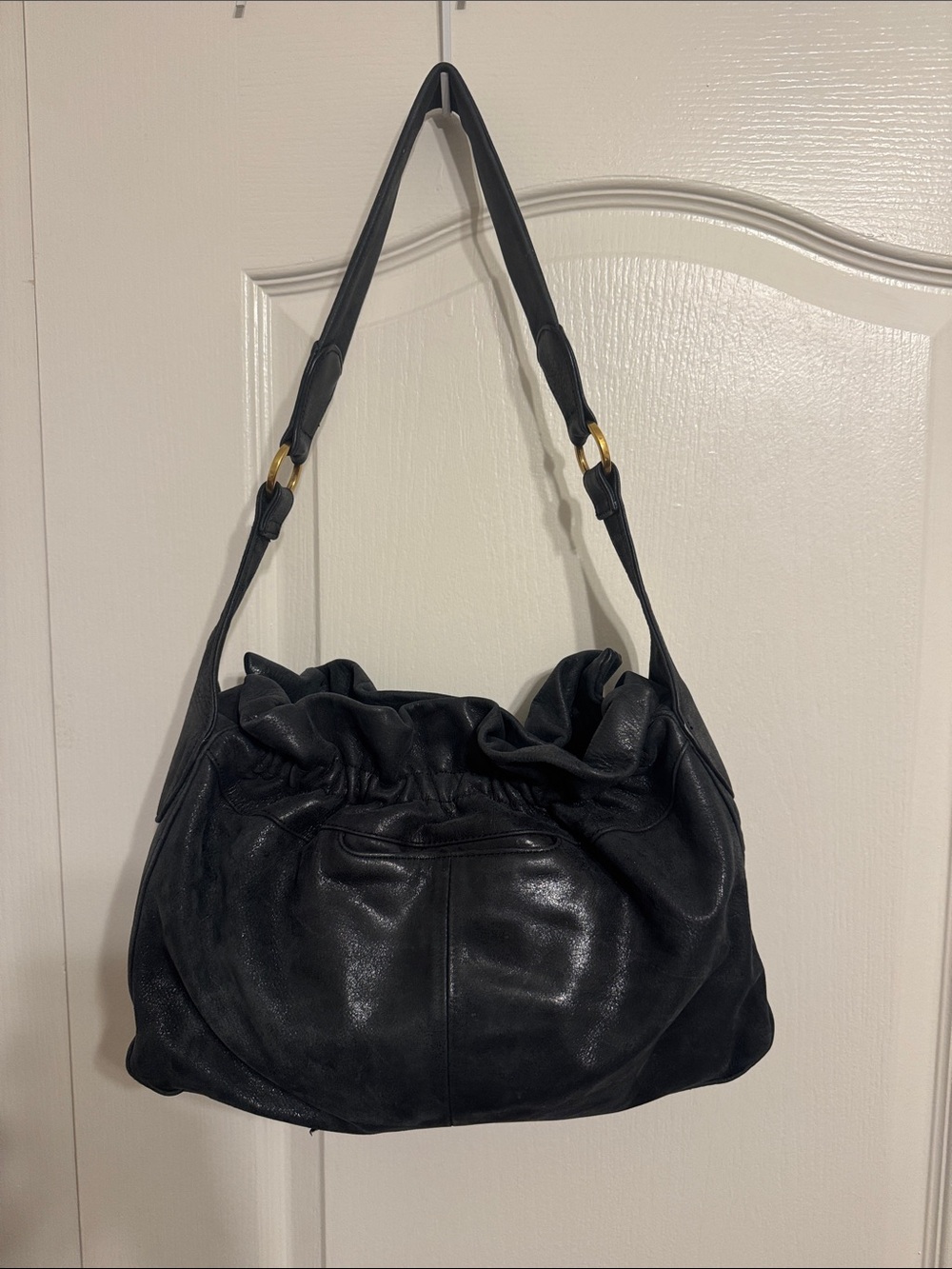 HOBO Black Leather Slouch Shoulder Bag with Gold Accents